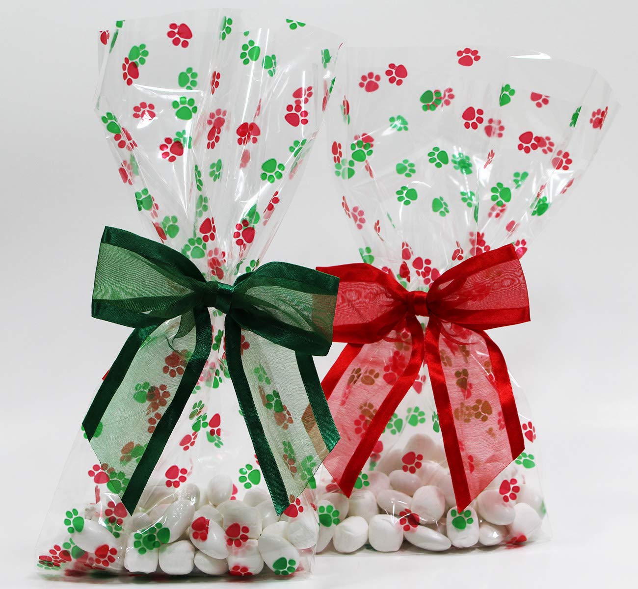 Saybrook Products Christmas Dog Paw Print Holiday Cellophane Treat Party Favor Bags with Twist-Tie Organza Bow. Set of 10 Ready-to-Use, Gussetted 11x5x3 Goodie Bags with Red & Green Bows.
