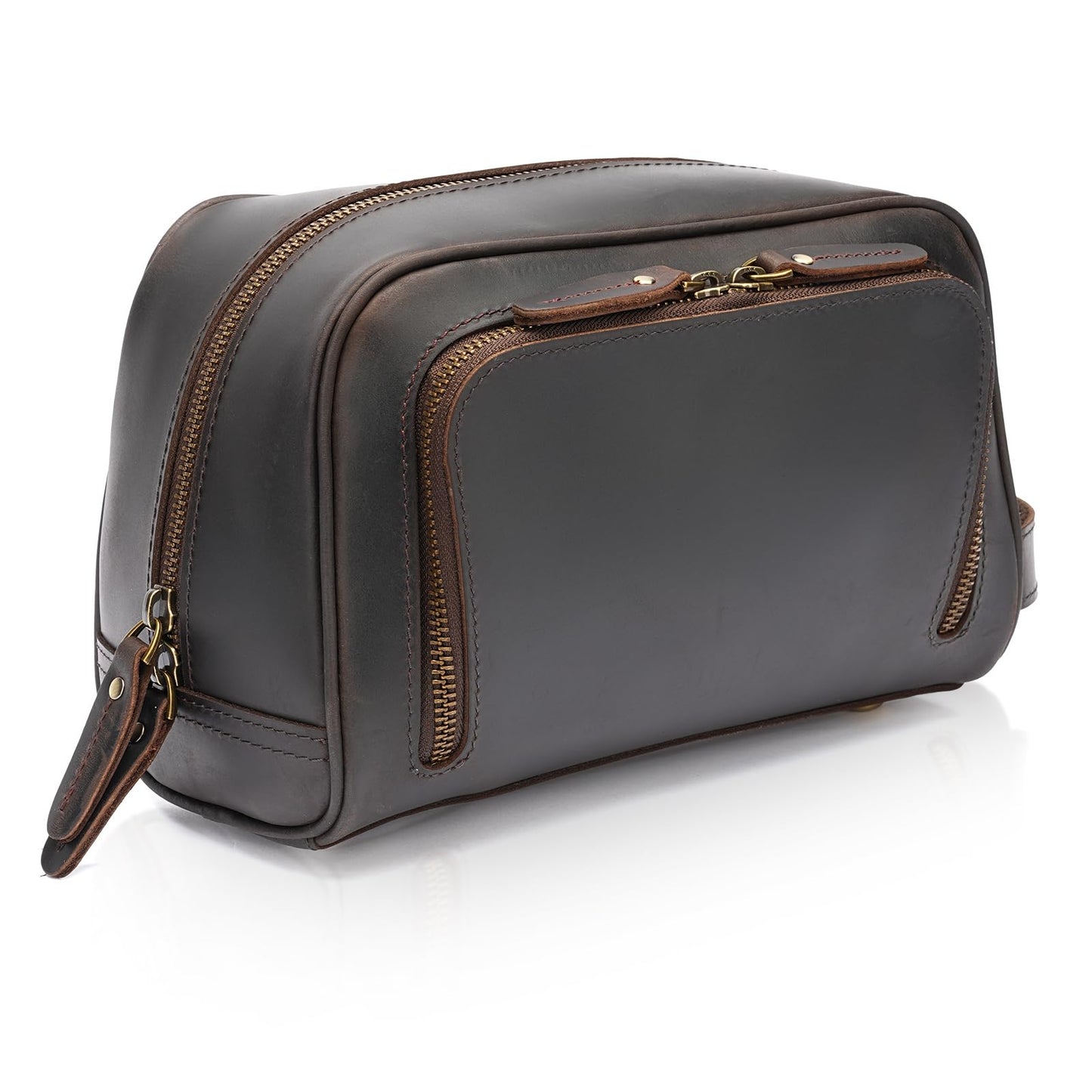Polare Vintage Full Grain Leather Handmade Travel Toiletry Bag for Men - Dopp Kit - Shaving Kit with YKK Metal Zippers A-Dark Brown
