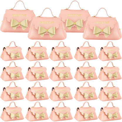 Dandat 24 Pcs PU Leather Bowknot Gift Boxes 5x3 Inch Reusable Candy Favor Bags with Handles, Elegant Mini Handbag Purse for Wedding, Birthday, Party Favors(Pink)