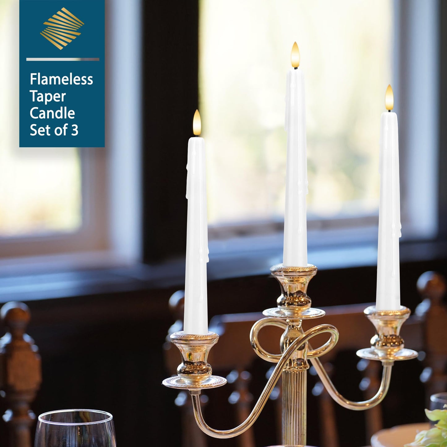 SEHNSY Dripless Flameless Taper Candles with Remote, Real Wax Battery Operated LED Candles Set with 3D Flickering Flame, 3Pcs White 9.6" Realistic Candlesticks as Mothers Day Gifts, Gifts for Mom