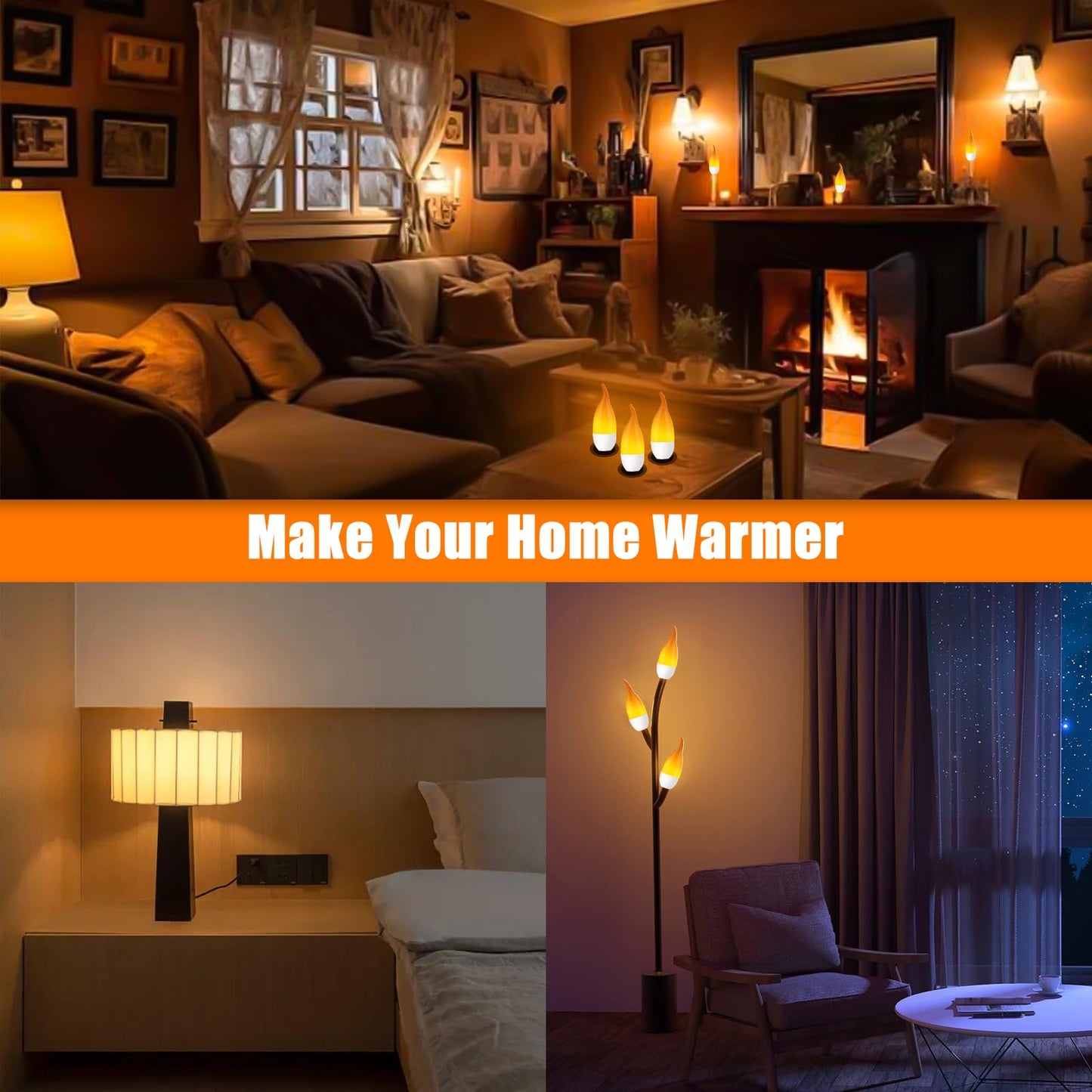 Bestview LED Flame Effect Light Bulbs,3 Modes Flickering Light Bulbs, Smart E12 Chandelier Base Candle Fire Light Bulb for Halloween, Christmas,Party, Porch, Indoor&Outdoor Home Decoration -2 Pack