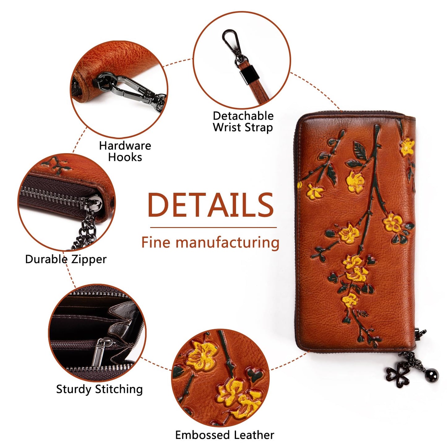 SHARPAD Wallet Genuine Leather for Women - with RFID Blocking Card checkbook ID Slot Large Capacity Vintage style (flower brown)