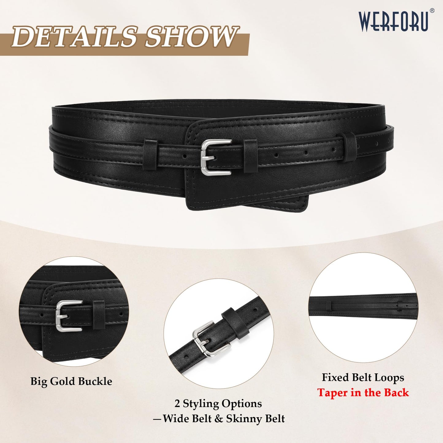 WERFORU Women Wide Waist Belts for Dress Women Fashion Wide Leather Belt 2-in-1 Waistband with Thin Belts for Dress, B-Black-silver buckle, Fit Waist Size 39"-44"