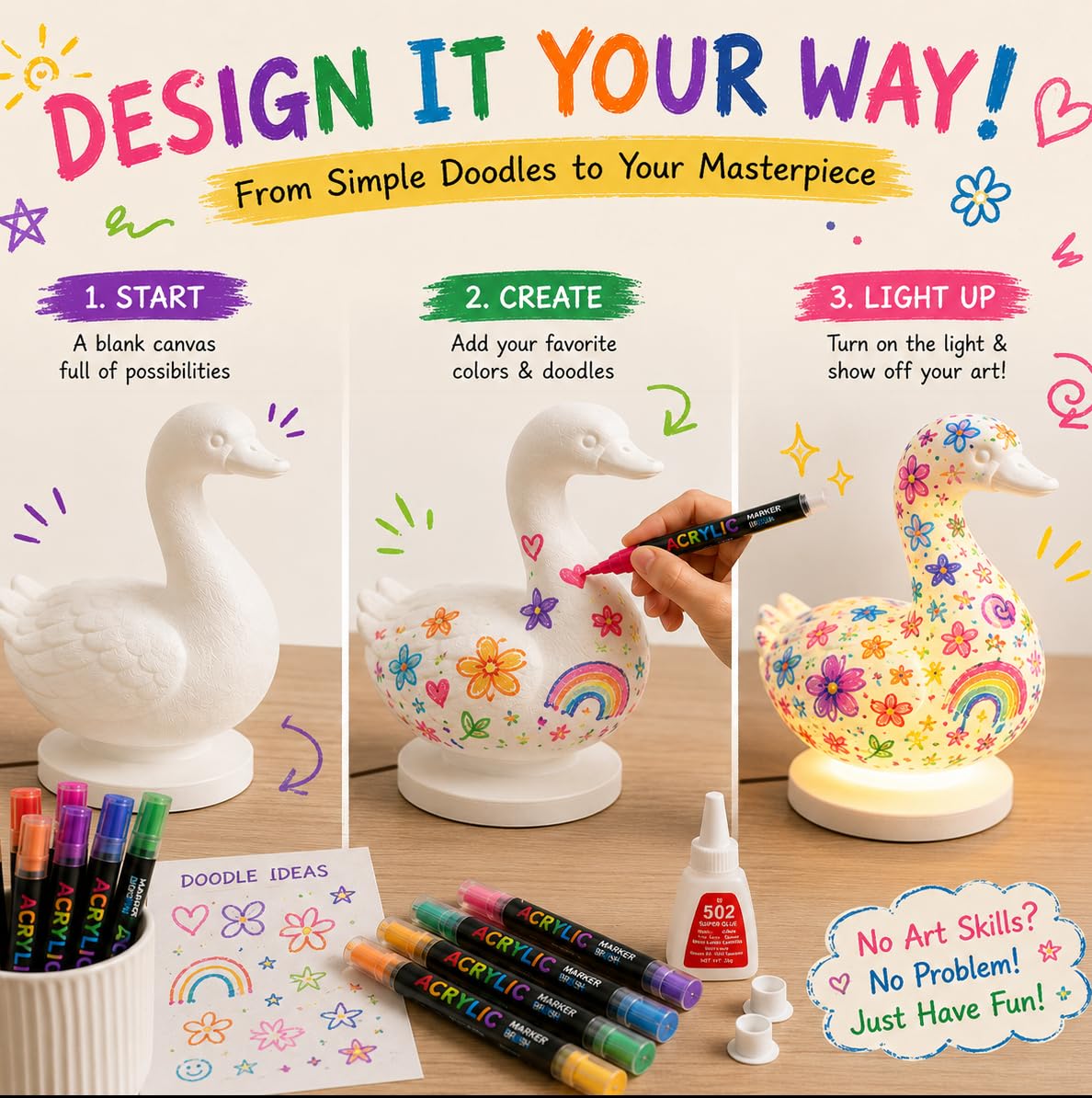Eastyle DIY Paint Lamp Kit for Kids & Adults - USB Powered Goose Night Light with Lamp Painting Kit & Markers - Creative DIY Crafts for Teens & Unique Paint Gift for Birthday, Room Decor & Art Lovers