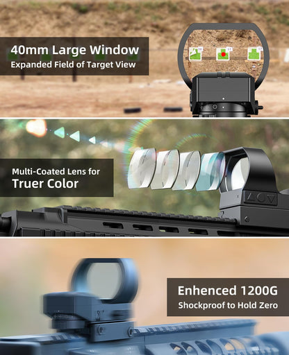 EZshoot Rechargeable Motion Awake Multiple Reticle Red Green Dot Sight, 40mm (1.6") Large Lens Reflex Sight, Red Dot Scope Optics for 20mm Picatinny Rail, Paintball Sights with Absolute Co-Witness