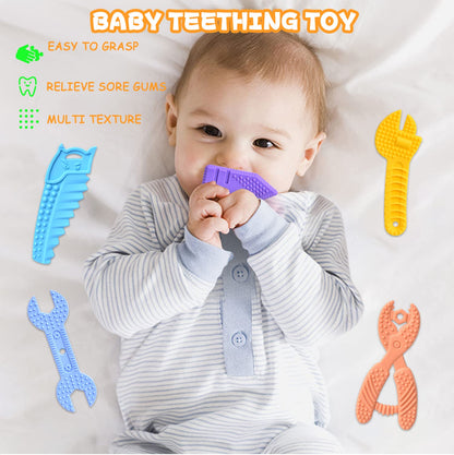 Mgtfbg Baby Teething Toys for 0-6 / 6-12 Months - Molar Teether Chew Toys Set BPA Free Silicone, Soft Textures - Hammer Wrench Scissors Shape Gift 5-Pack