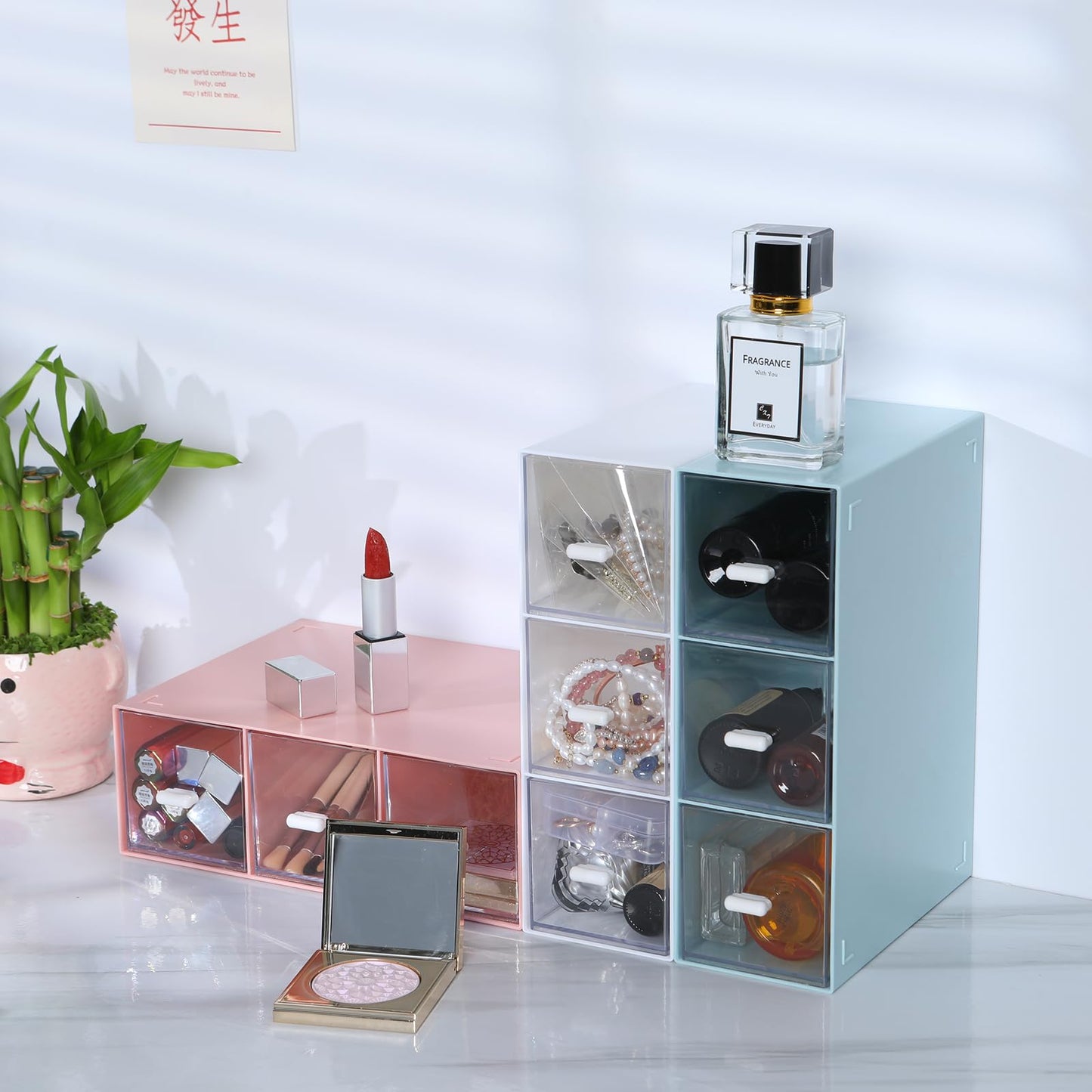 OSteed Desktop Drawers, Desk Organizer with 9 Drawers, Stackable Plastic Storage Box for Home Collection, Cosmetics, Jewelry, Office Supplies (3 Tiers, Mixed Colors)