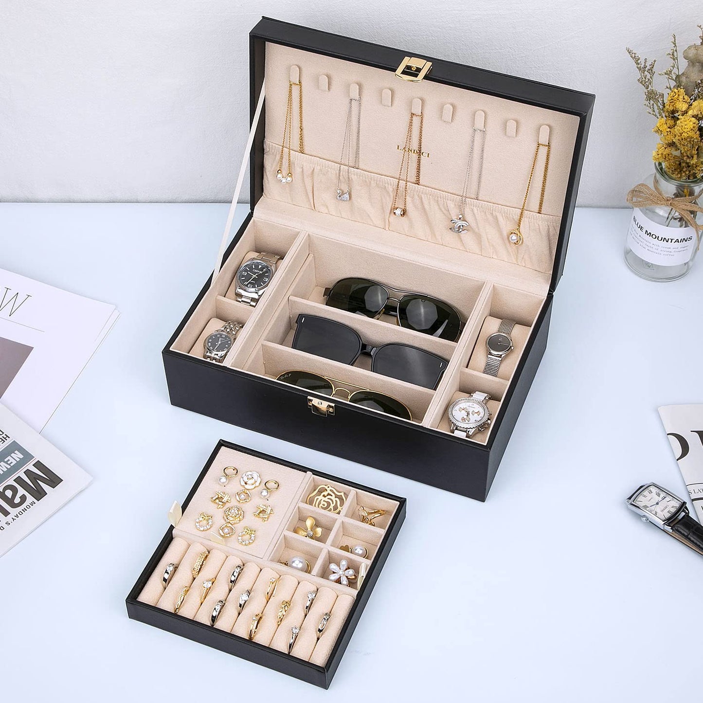 LANDICI Jewelry Box Organizer for Men Women, 2 Layer 4 Slot Watch Storage Case with Removable Tray, PU Leather Large Jewellery Holder Display for Watches Sunglasses Rings Earrings Necklace, Black