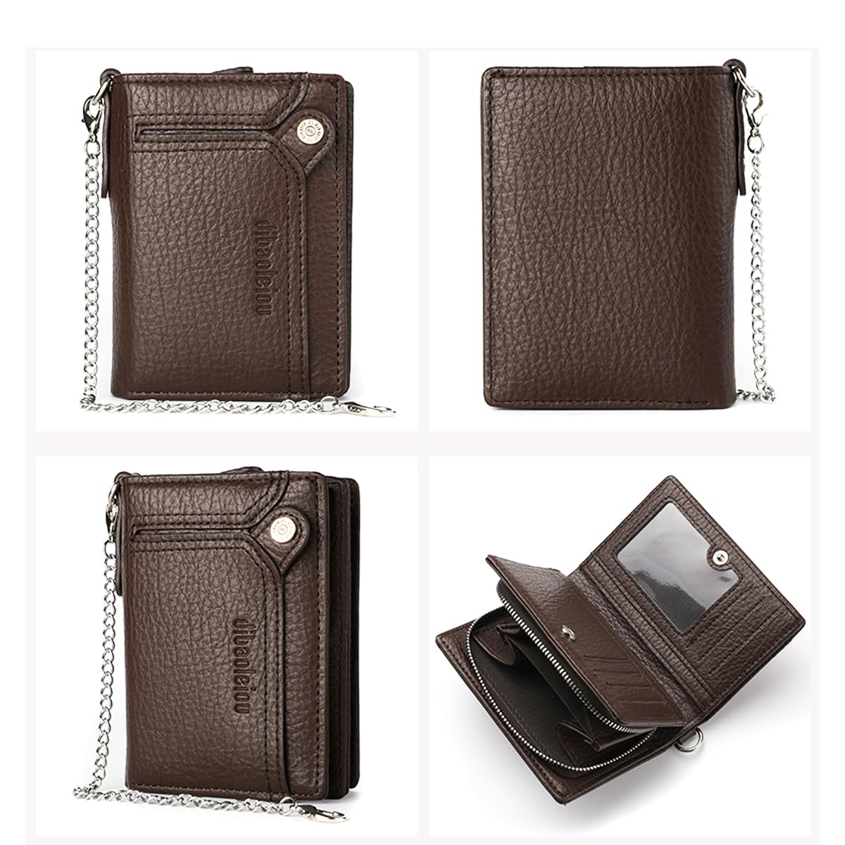 aolaso Wallet with 2 pcs Chain for Men Faux Leather Bifold Wallet Zipper Coin Pocket Purse Anti-Theft Chain Mens Gift (Coffee)