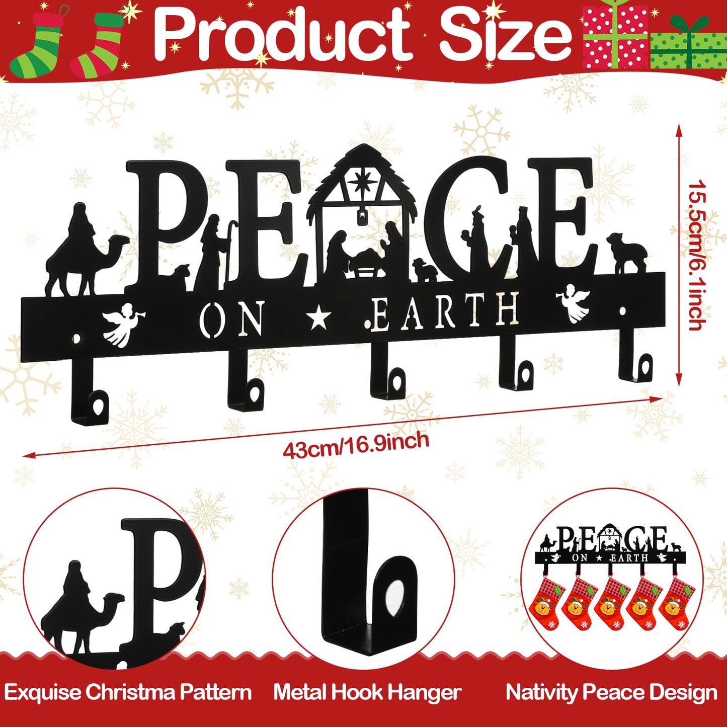 Cinnvoice Nativity Christmas Stocking Holder for Wall with 5 Hangers Metal Christmas Stocking Wall Hanger Mantel Rack Hanging Mount Hook for Holiday Xmas Fireplace Decoration, Black(Peace)