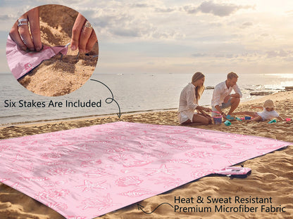 WEKAPO Beach Blanket Waterproof Sandproof Oversized, Extra Large Beach Mat Sand Free, Lightweight & Compact Sand Free Mat with 6 Stakes & 4 Corner Pockets (Pink Sea Shells, 11 x 9 FT (1～9 Person))