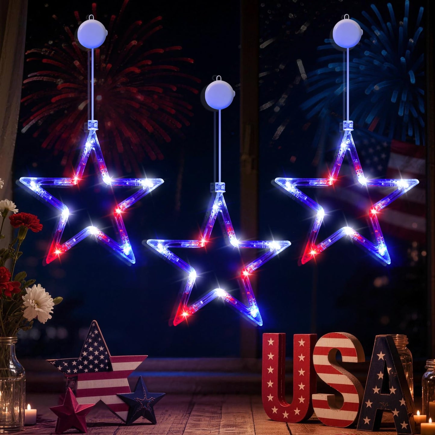 LYUBASA 3 Pack 4th of July Lights Decorations, Battery Operated, Red White and Blue, Indoor Window Star String Lights, Patriotic Decor