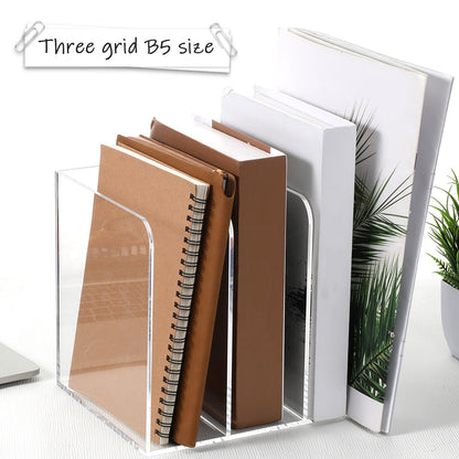 Oqqlin Acrylic Desk Organizer, Thickened Clear Magazine Holder with 3 Vertical Compartment Acrylic File Sorter Organizer for Office, Home, Classroom