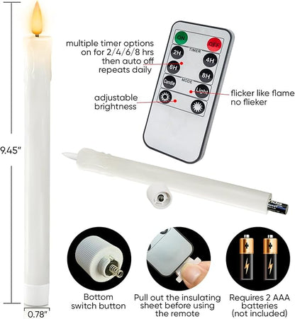 Homemory 6 PCS Real Wax Flameless Taper Candles with Remote, Flickering LED Candlesticks with Timer Dimmer, Fake Candles for Xmas Wedding Celebration Decor, White, 9.6 Inches