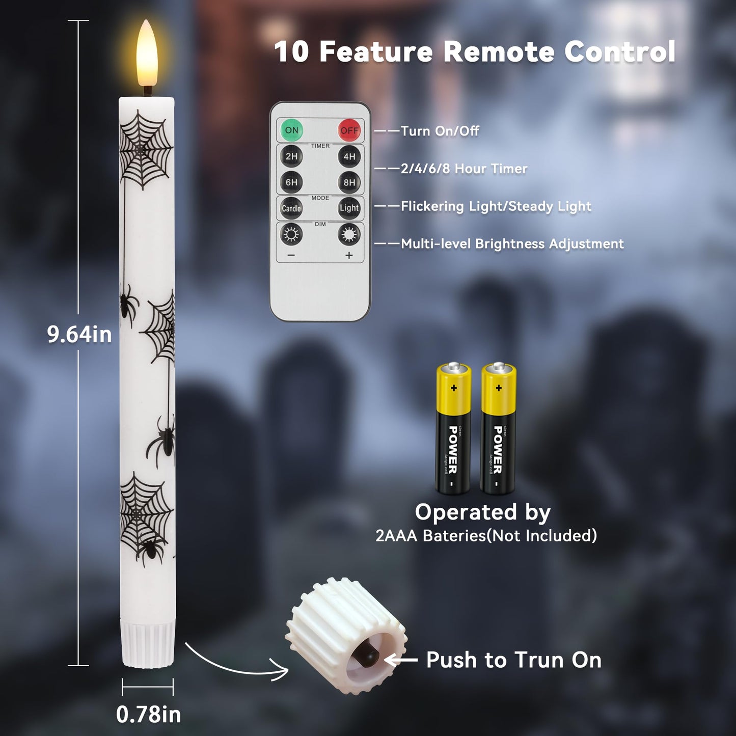 SEHNSY Halloween Flameless Taper Candles with Remote and Timer, 4 Pack Spider and Web Battery Operated LED Flickering Real Wax Candles, Spooky Decor for Halloween Table and Mantel