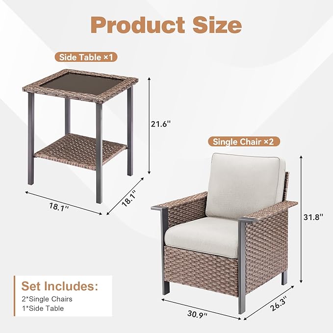 2 Pieces Outdoor Patio Furniture Set-Outdoor Wicker Chairs of 2, All Weather High Back Rattan Chairs 2-Seater with Comfy Cushions for Patio Porch Deck Brown/Beige