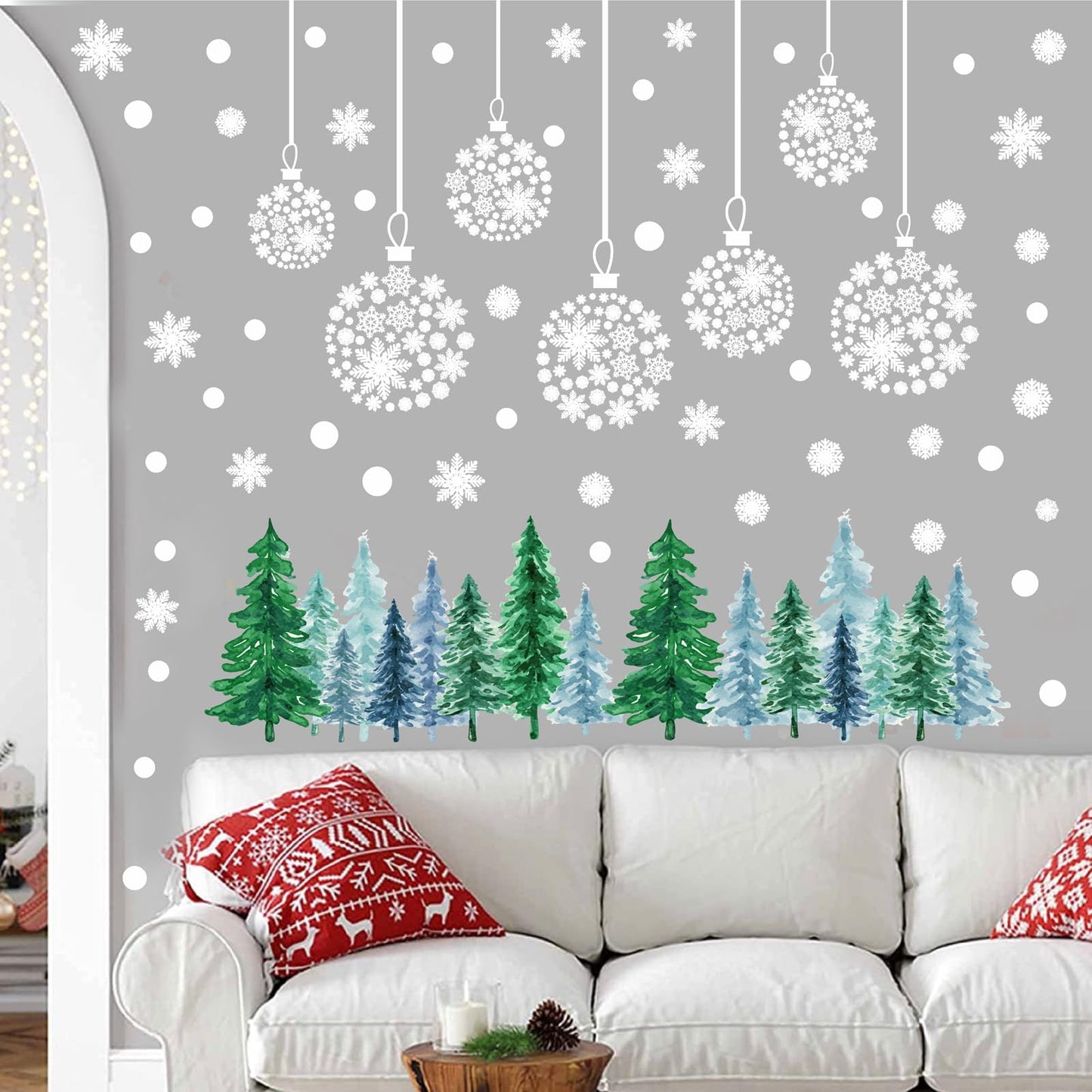 Christmas Tree Wall Decals Winter Snow Pine Tree Wall Stickers Christmas Snowflakes Window Cling Decals Xmas Pine Tree Wall Stickers Removable Christmas Window Stickers Holiday Decoration