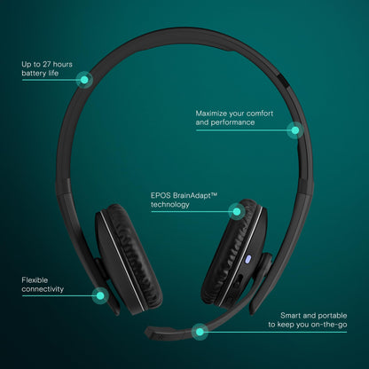 EPOS SENNHEISER C20 Bluetooth Headset with Microphone | Wireless Headphones with up to 27 Hours Battery Life BrainAdapt™ Technology,Black