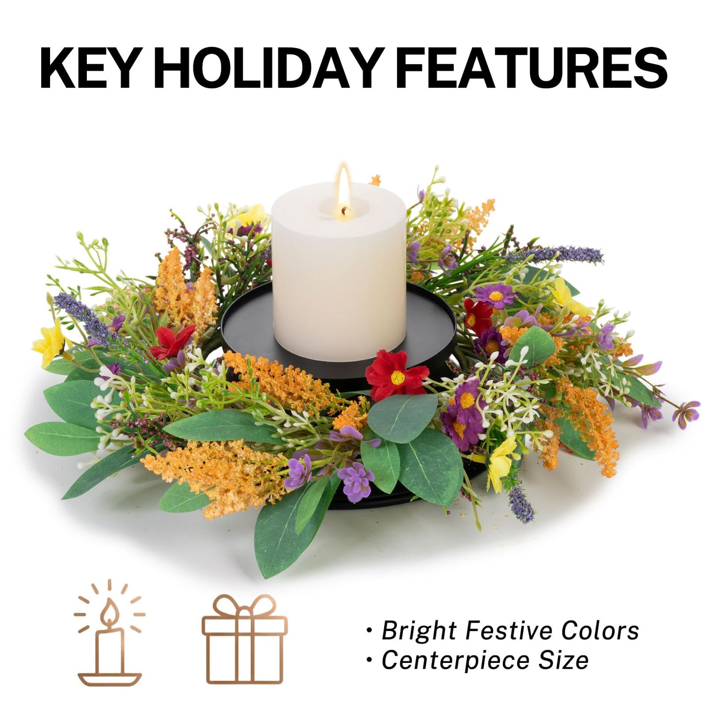 MOYEE Summer Centerpieces for Tables Wreath with Candle Holder,Candle Ring, Black Metal Candlestick with an Artificial Wreaths 14 in Versatile Dining Table Centrepiece (Golden Wheat Ear Wreath)