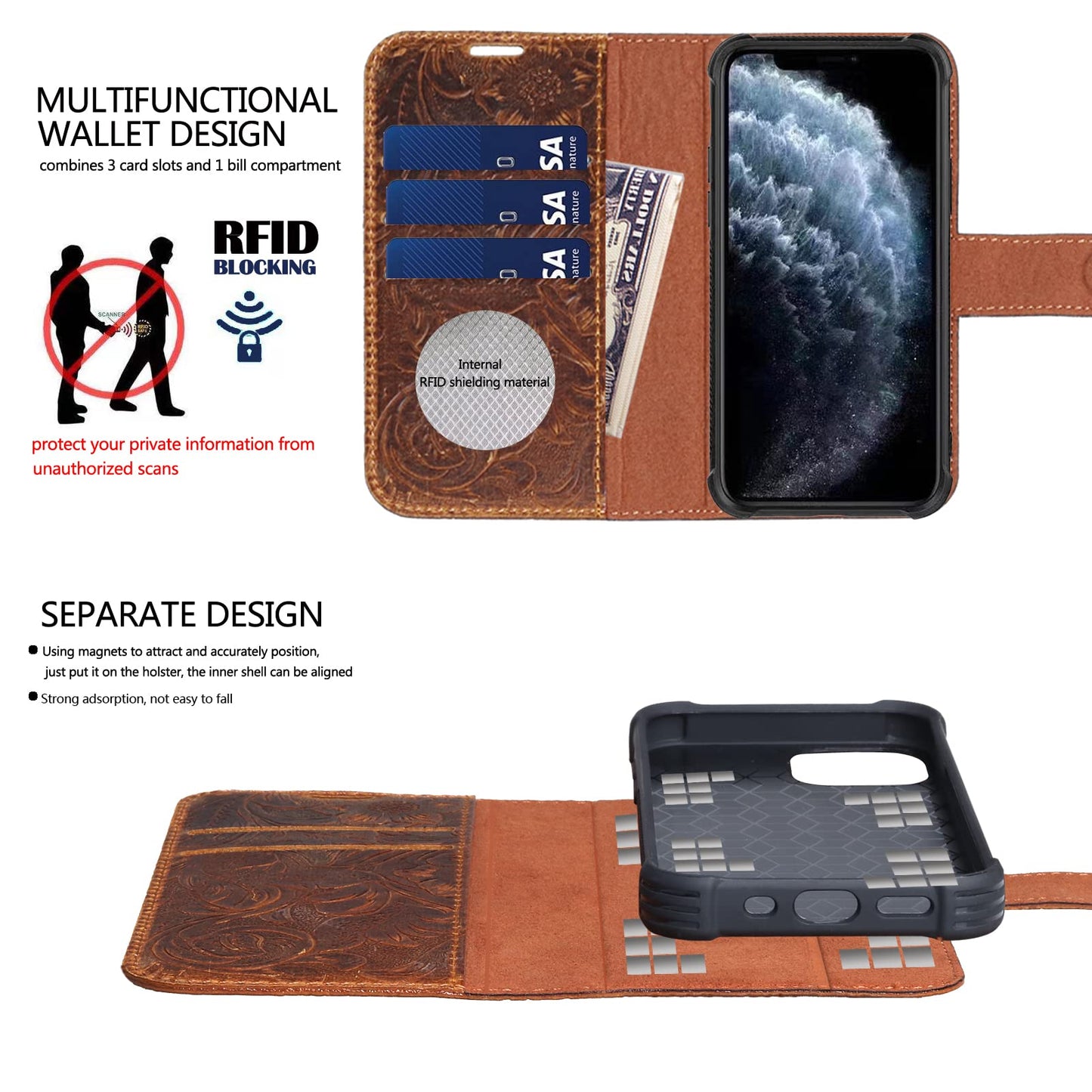 RMAWRAD Leather Case Compatible with iPhone 16 Pro Max Wallet 6.9",Genuine Leather 2in1 Magnetic Detachable Shockproof Kickstand,Flip Folio Cover with Card Slot,Wireless Charging RFID Blocking Brown