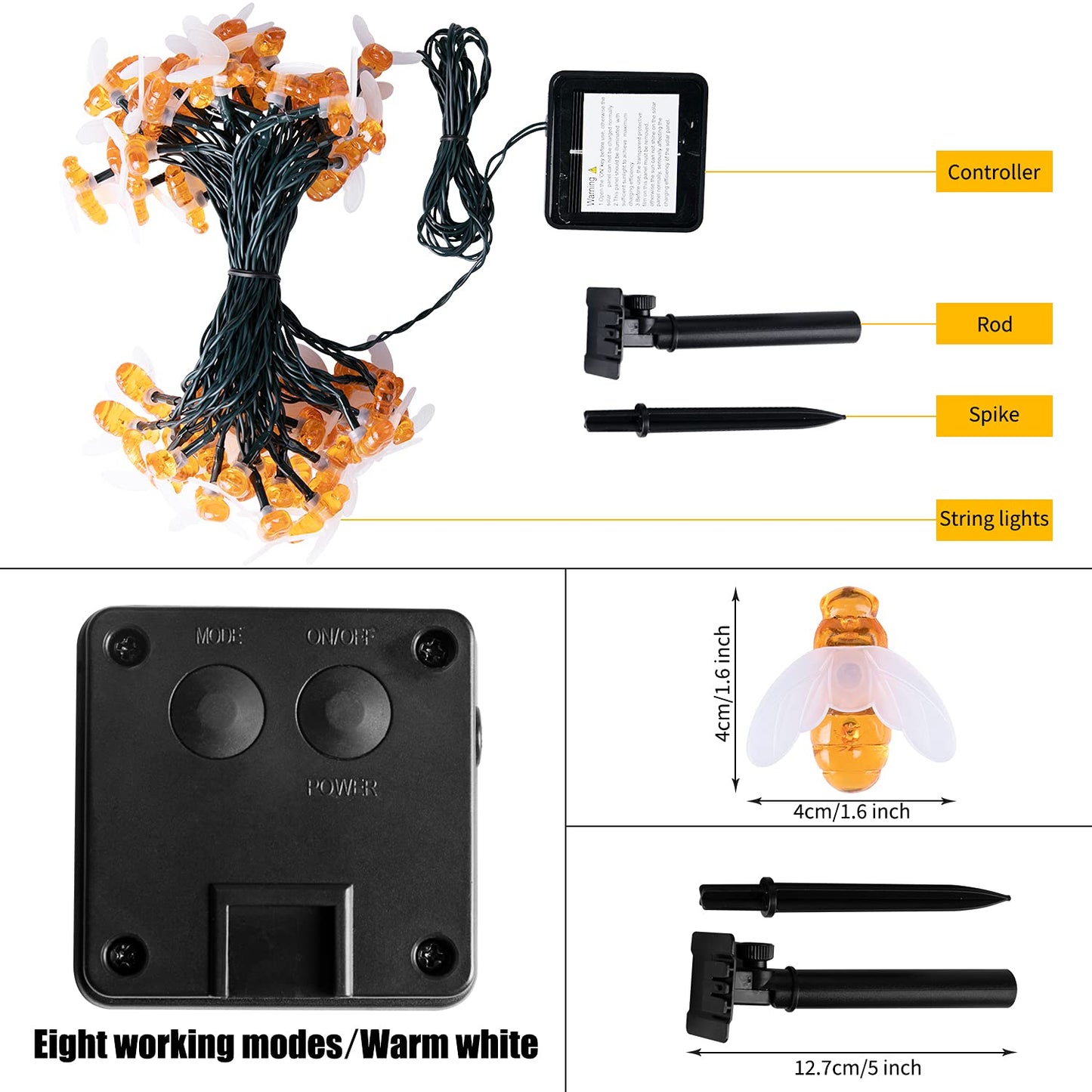 Brightown Solar Bee String Lights Outdoor 31FT 50 LED Honeybee Fairy Lights with 8 Lighting Modes, Waterproof Solar Bumble Bee for Patio Yard Garden Grass Wedding Christmas Party Decor, Warm White