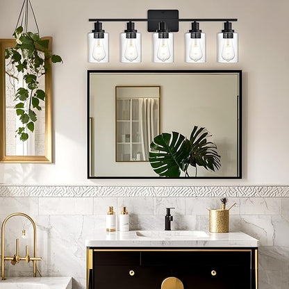 Bathroom Vanity Light Fixtures,5-Light Black Wall Lights for Living Room,Bathroom Light Fixtures Over Mirror,Wall Lamps for Bedroom with Clear Glass Shade for Hallway,Kitchen,Cabinet