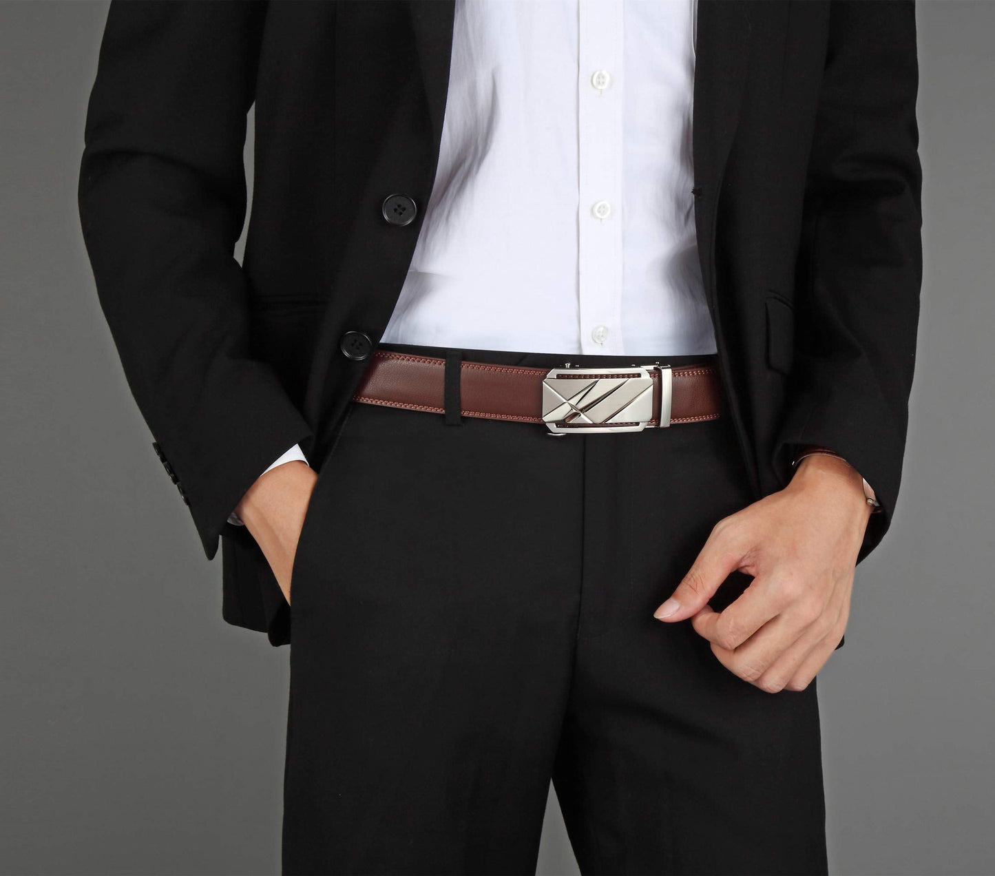 Lingli Men's Belt Ratchet Dress Belt with Automatic Buckle Brown/Black-Trim to Fit-35mm wide-0005-140-BROWN