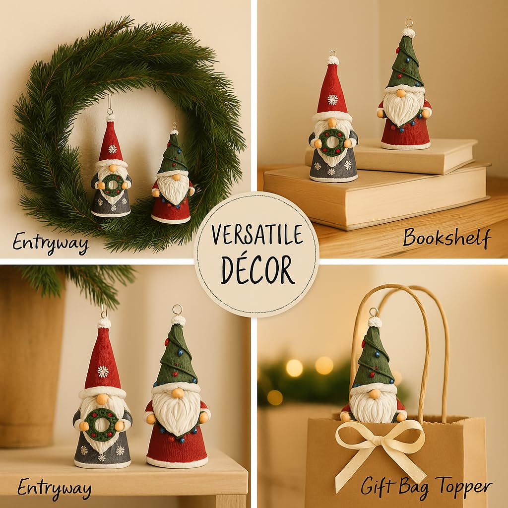 2-Pack Christmas Gnomes Hanging Ornaments, Hand-Painted Resin Decorations with Elastic Hanging Cord Lightweight Scandinavian Xmas Ornaments for Christmas Tree, Mantel & Gifts (Gnomes)