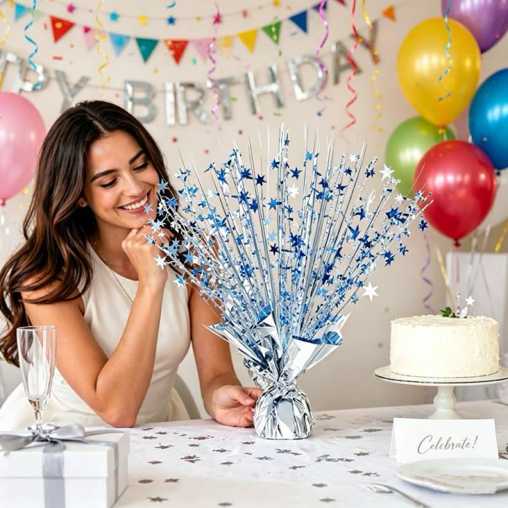 4 Pack Metallic Foil Spray Centerpiece Stars for Wedding, Birthday, Anniversary, Christmas Table Decor, Holiday Festival Baby Shower Graduation Mantle Party Decorations (Silver&Blue)