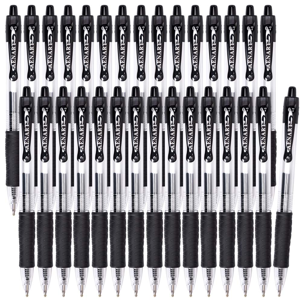 Aen Art Gel Pens Black 0.7mm Fine Point 30 Retractable Gel Ink Pens with Rubber Grip - Quick Dry Roller Pen for Writing, Office, School