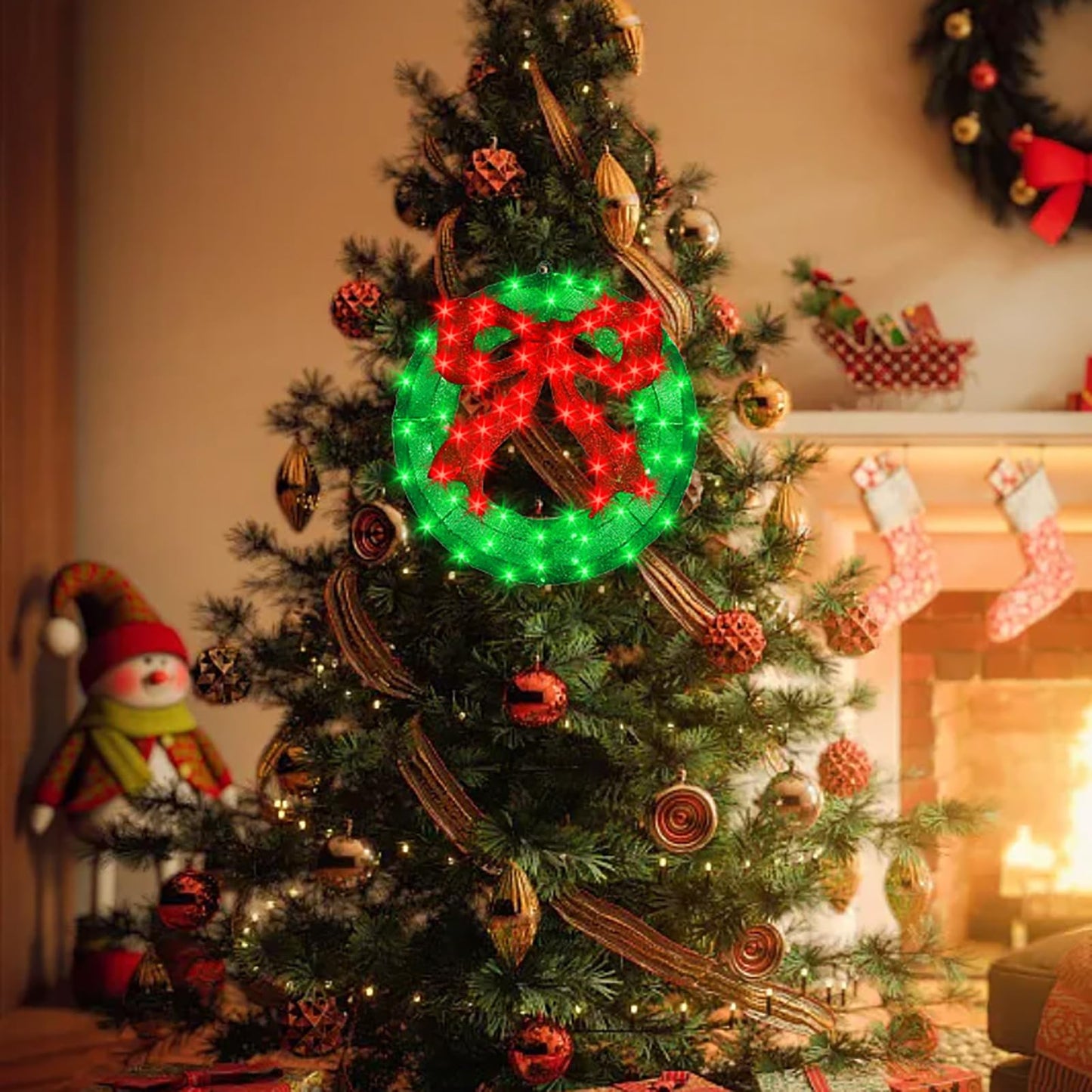 Outdoor Christmas Wreath Decoration - 24" Bright LED Christmas Wreath Lights with Bow, Large Lighted Christmas Wreaths Window Lights for Wall, Windows, Front Door Decor, Red Bow - Green Wreath