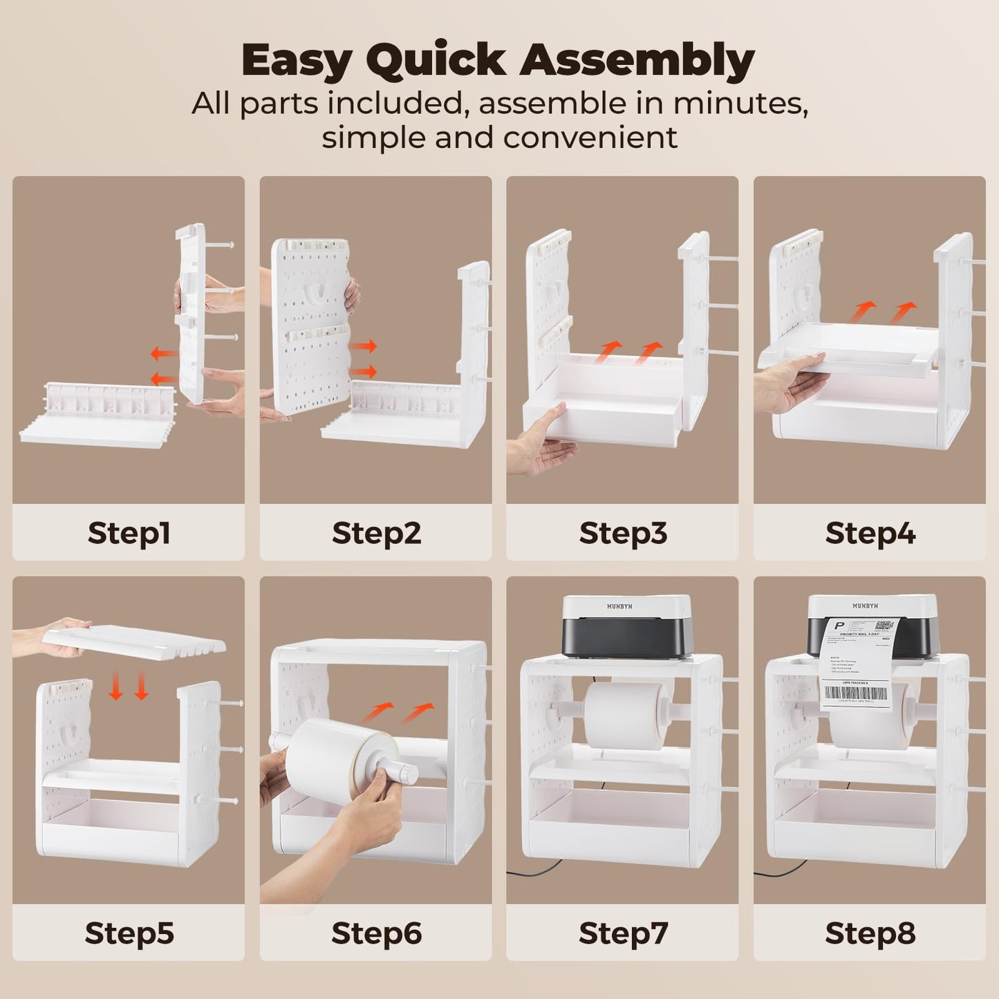 MUNBYN ILH03 4x6 Thermal Label Holder, 5-in-1 Sticker Holder with 3-Tier Shelf, Drawer, Hooks & Pegboard, for Shipping Label Printing, Office, Small Business, Home