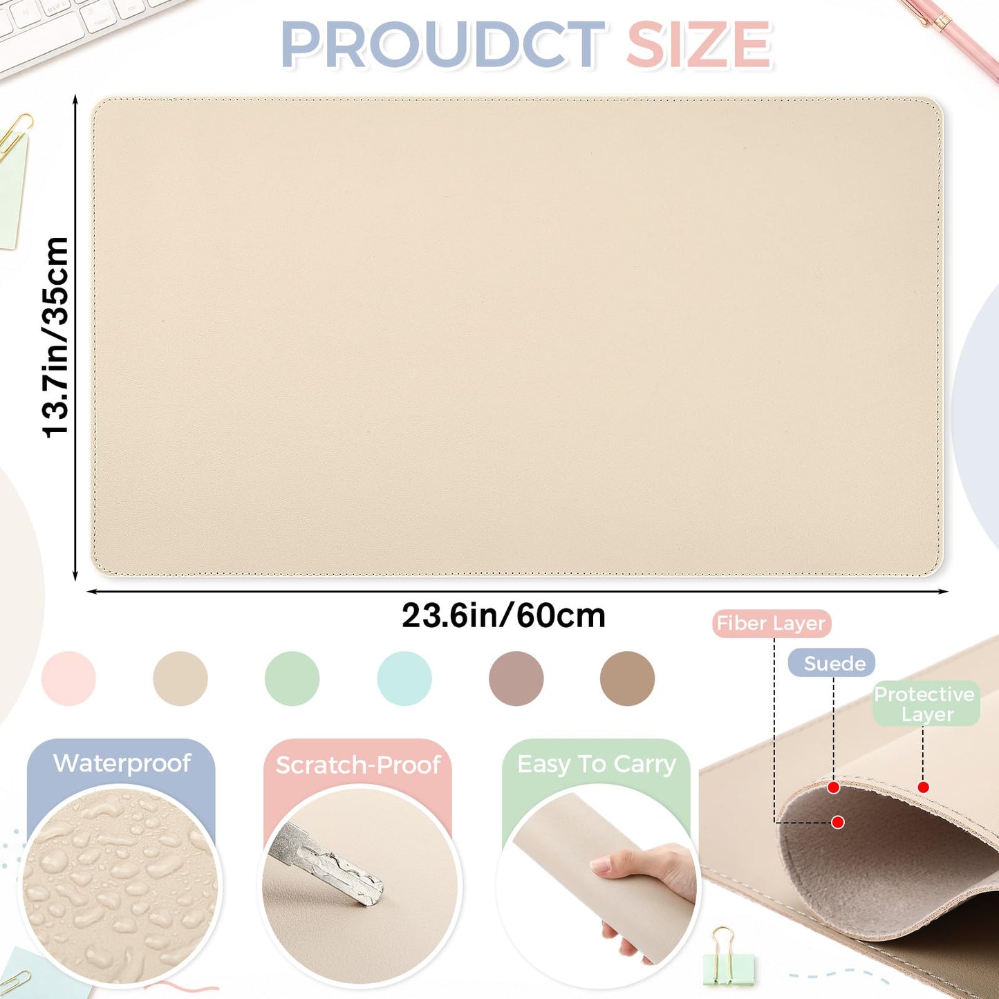 Tellegloww 6 Pack Non-Slip Leather Desk Pad Protector, 23.6"x 13.8" Office Desk Mat for Keyboard and Mouse, Waterproof PU Laptop Blotte Writing Pad with Suede Back for Home School Office, 6 Colors