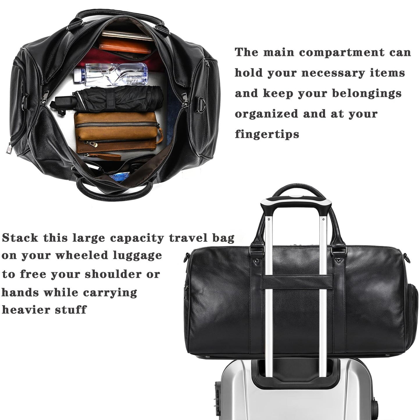 Genuine Leather Travel Duffel Bags for Men and Women Overnight Weekend Leather Bags Sports Gym Duffle, 9428 Black