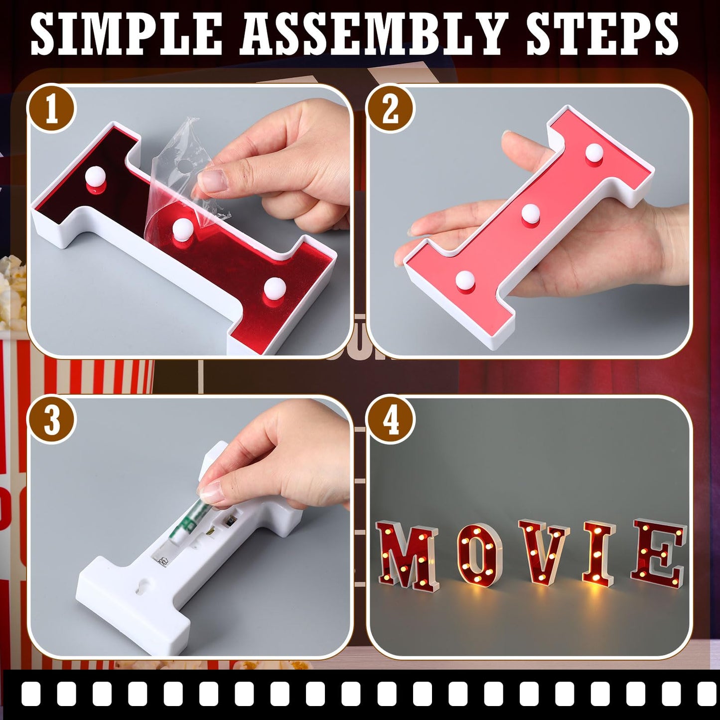 Aurelema Movie Night Decorations 6.3" Movie Light up Letters Sign Decor Battery Powered Marquee Lighted Sign LED Letter Lights for Theme Party Theater Poster Birthday Home Tabletop Wall Decor Supplies