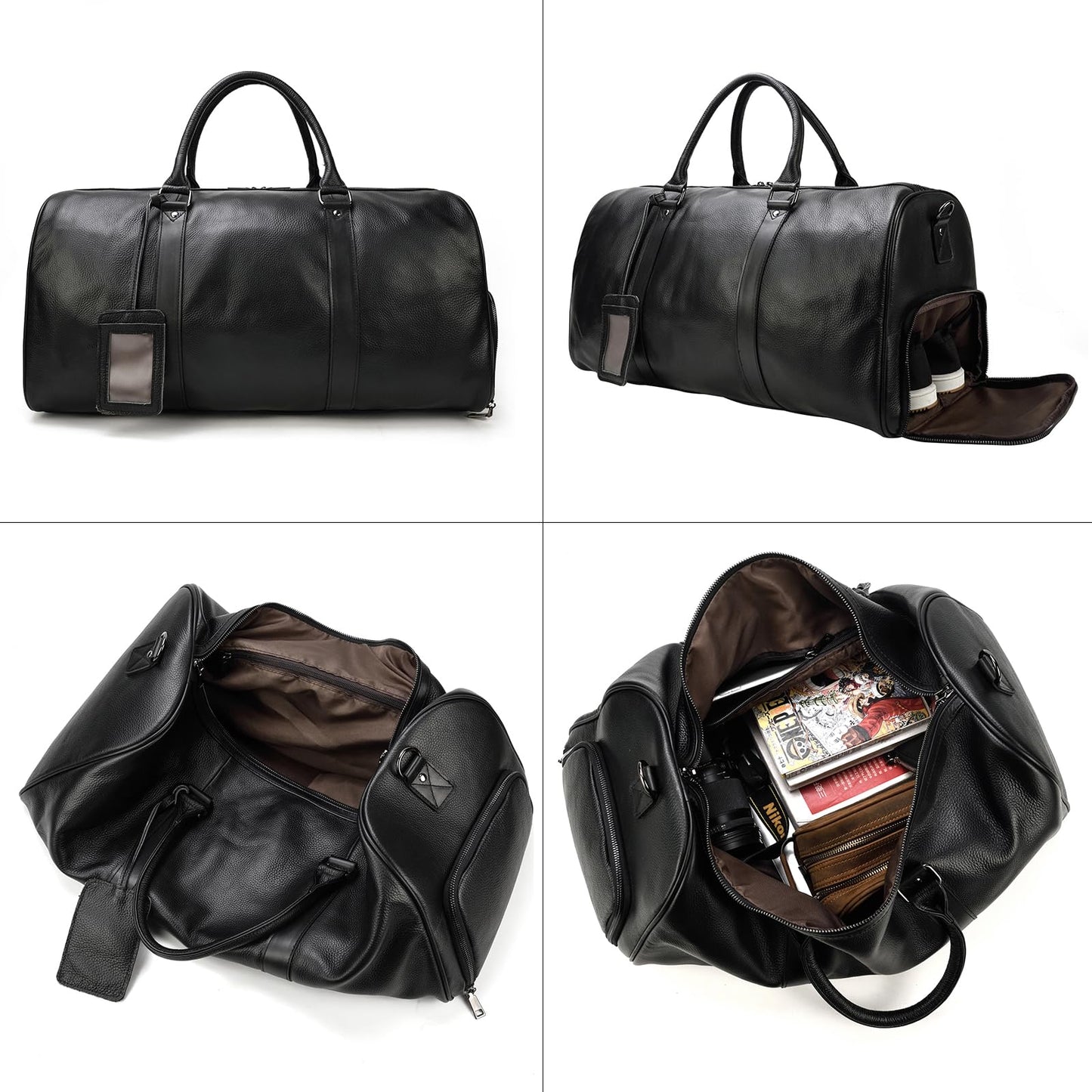 LUUFAN Leather Travel Bag Large Capacity Luggage Duffel Bag with Shoe Compartment, Men Women Weekend Shoulder Handbag for Holiday Business Trip (55cm-Black)