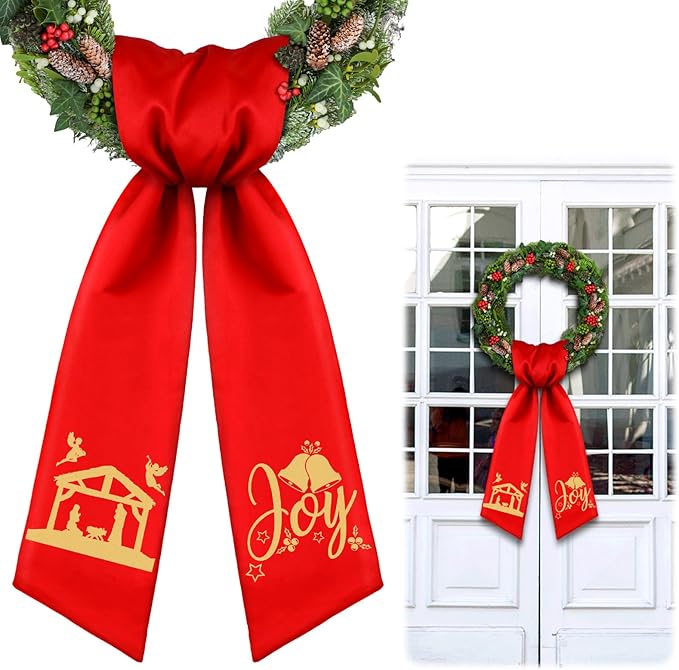 Wreath Sash for Front Door Wreath Satin Sash Blank Sashes Embroidery Monogram Yard Doorway Indoor Outdoor Wall Ribbon Bow Home Decor(Red, Gold,Nativity)
