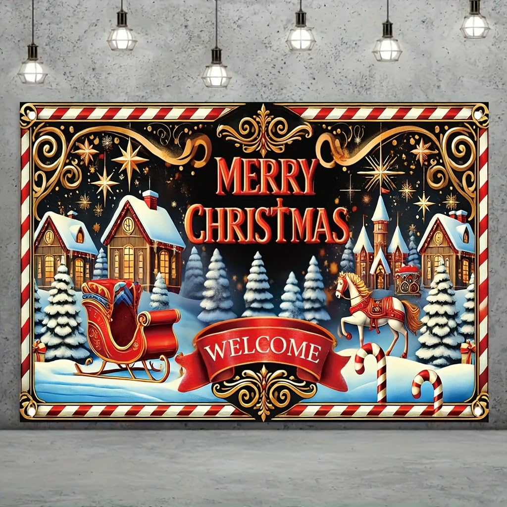 Tomhong Merry Christmas Welcome Sign 71x43inch Large Outdoor Yard Banner forWinter Holiday Party Porch Decoration Festive Xmas Scene with Sleigh Horse Candy Cane andSnowy Village