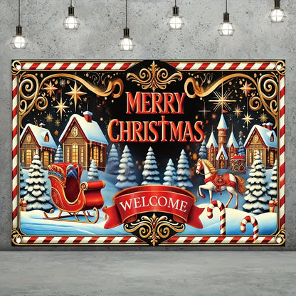 Tomhong Merry Christmas Welcome Sign 71x43inch Large Outdoor Yard Banner forWinter Holiday Party Porch Decoration Festive Xmas Scene with Sleigh Horse Candy Cane andSnowy Village