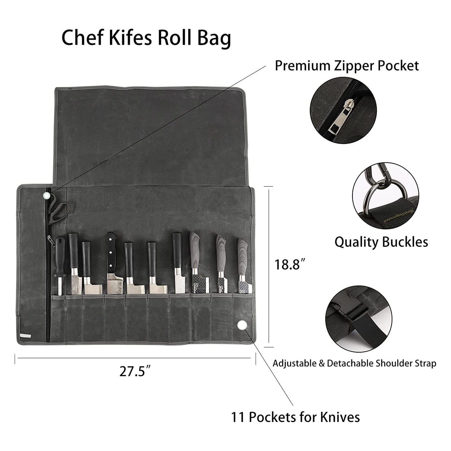 HERSENT Chef’s Knife Roll Bag,Waxed Canvas Knife Cultery Carrier,Portable Chef Knife Cases,Knife Pouch Holders With 10 Slots Plus 1 Zipper Pockets Can Hold Home Kitchen Knife Tools Up To 18.8”