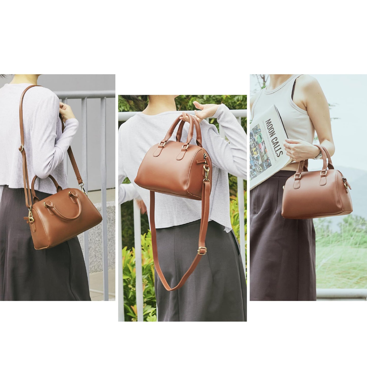 Vintage Vegan Leather Boston Bag for Women (BROWN)