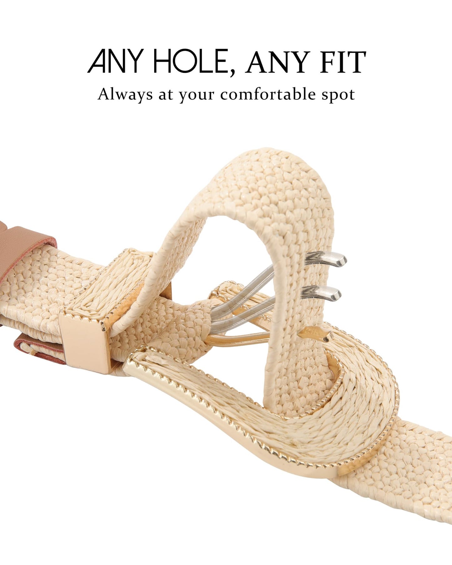 AWAYTR Womens Boho Woven Belt - Easy Care Plastic Elastic Belt with Handmade Raffia Buckle for Daily Vacation Work,Beige,Fit Waist 31''-36''