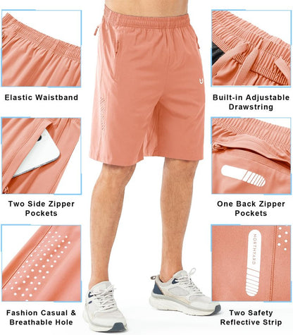 NORTHYARD Men's Athletic Running Shorts Gym Workout 7"/9"/5" Quick Dry Lightweight Sports Basketball Tennis 3 Zipper Pockets PINKORANGE-9inch 3XL