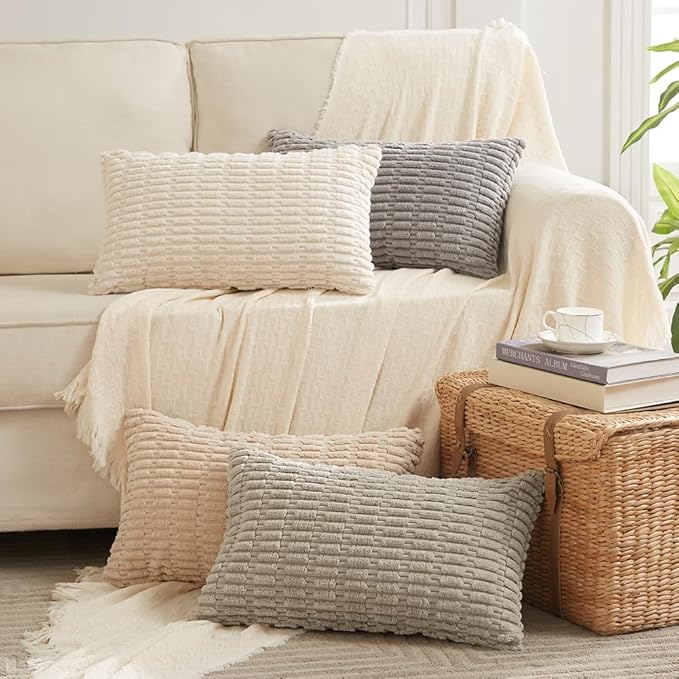 Fancy Homi Tan Lumbar Decorative Throw Pillow Covers 12x20 Inch for Living Room Couch Bedroom, Soft Corduroy Rectangle Solid Cushion Case 30x50 cm, Beige Rustic Farmhouse Boho Home Decor