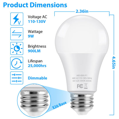 TOBUSA A19 LED Light Bulbs with Remote, 9W LED Bulbs 60W Equivalent, 3000K-6000K Dimmable Bulbs with E26 Base, 900 Lumens Light Bulbs with Timing, Memory Function, Ideal Lighting for Home, 2 Packs