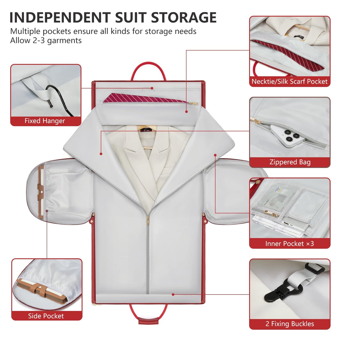 Leather Garment Bags for Travel, Convertible Carry on Garment Duffel Bag for Women, 2 in 1 Waterproof Foldable Travel Suit Bag with Shoulder Strap Weekender Bag with Shoe Pouch, Red