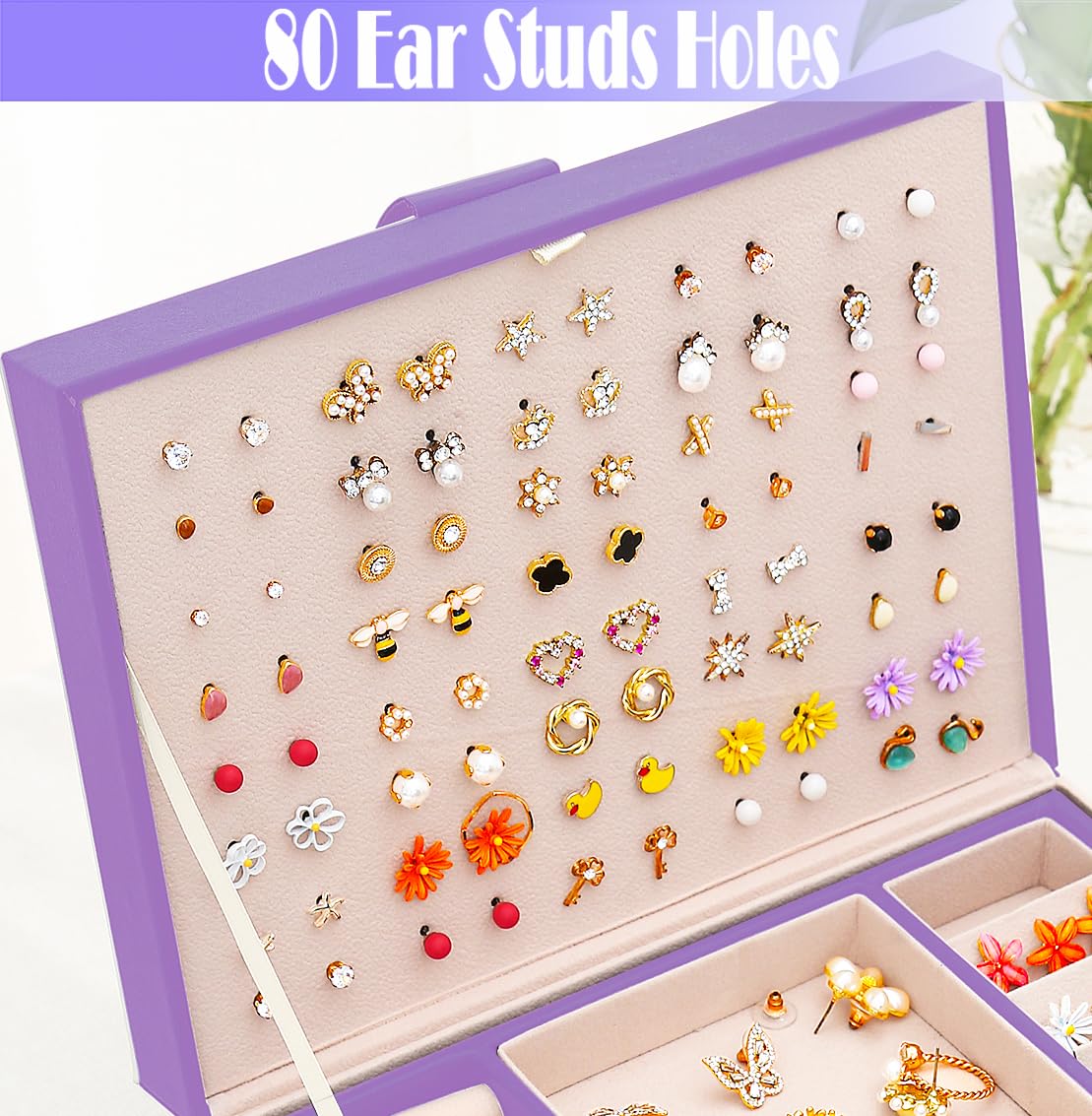 Earrings Jewelry Box for Girls, Large Capacity Jewelry Organizer with 40-Pair Earring Board, 2-Layer Leather Jewelry Storage Box for Necklaces Rings Bracelets with Removable Tray(Gift Idea),Purple