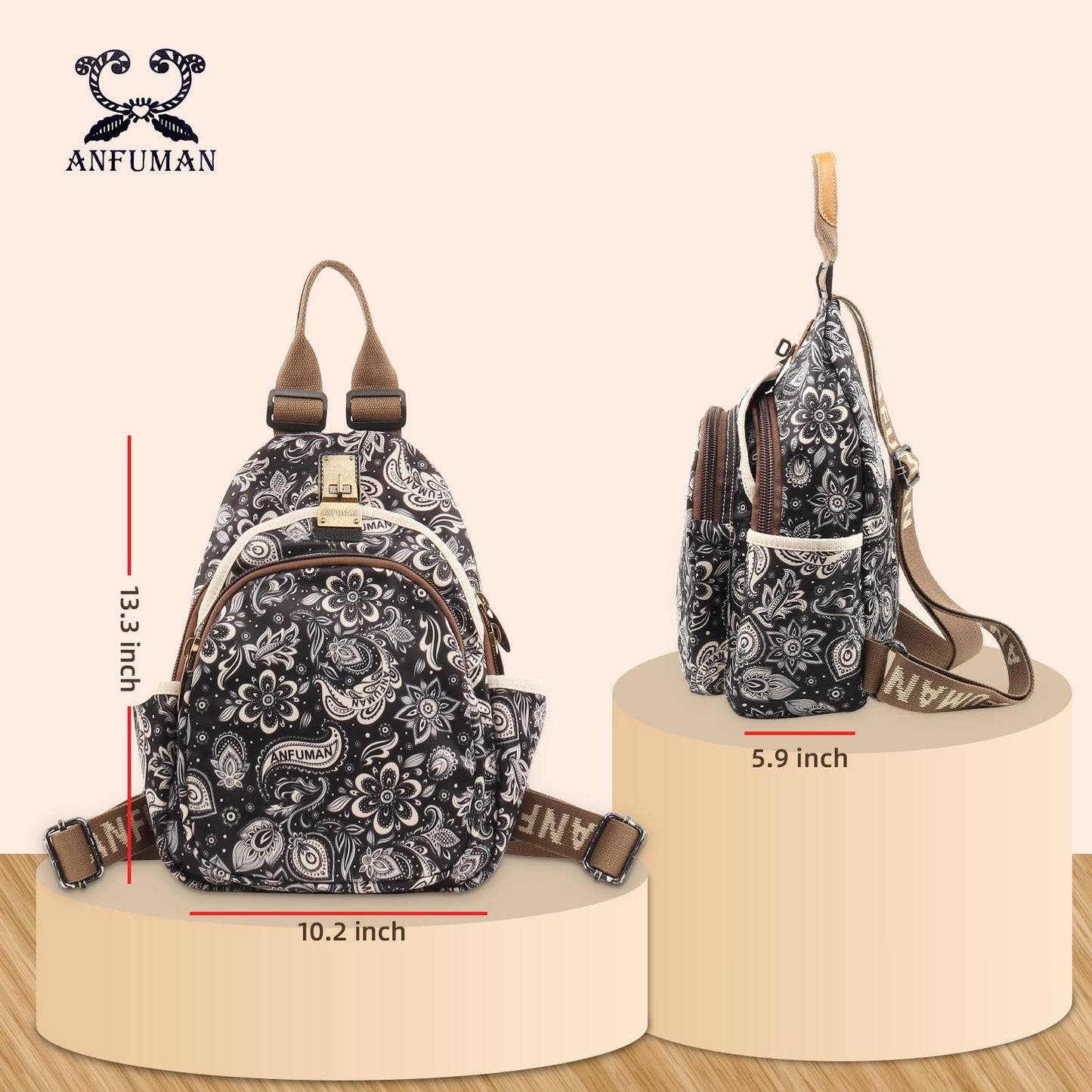 ANFUMAN Small Backpacks Purse for Women Mini Waterproof Colorful Print Leisure Travel Bags (Black Flower)