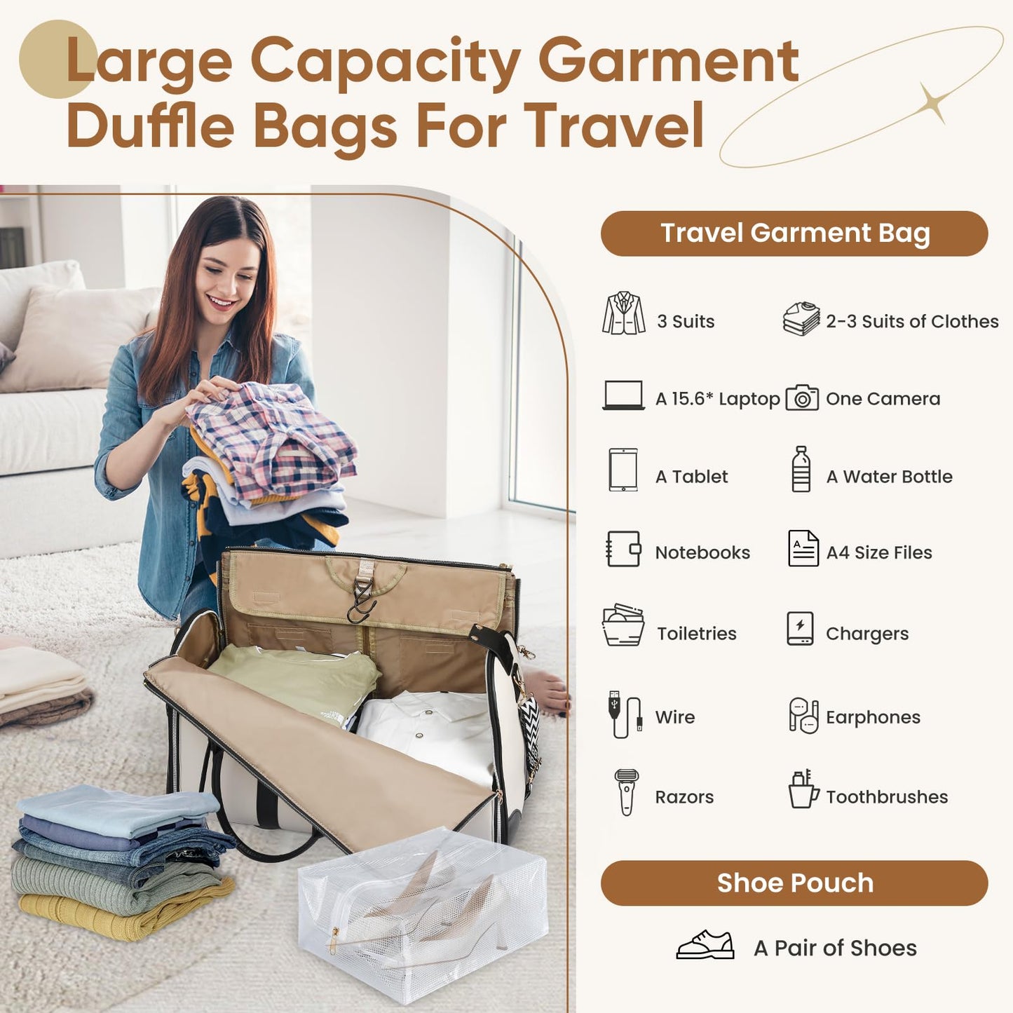 CSUNNUFA Convertible Garment Bag for Travel, Carry on Garment Duffel Bags with Shoe Pouch Weekender Bag for Men Women 2 in 1 Hanging Suitcase Suit for Business Trip, Vacation (Beige)