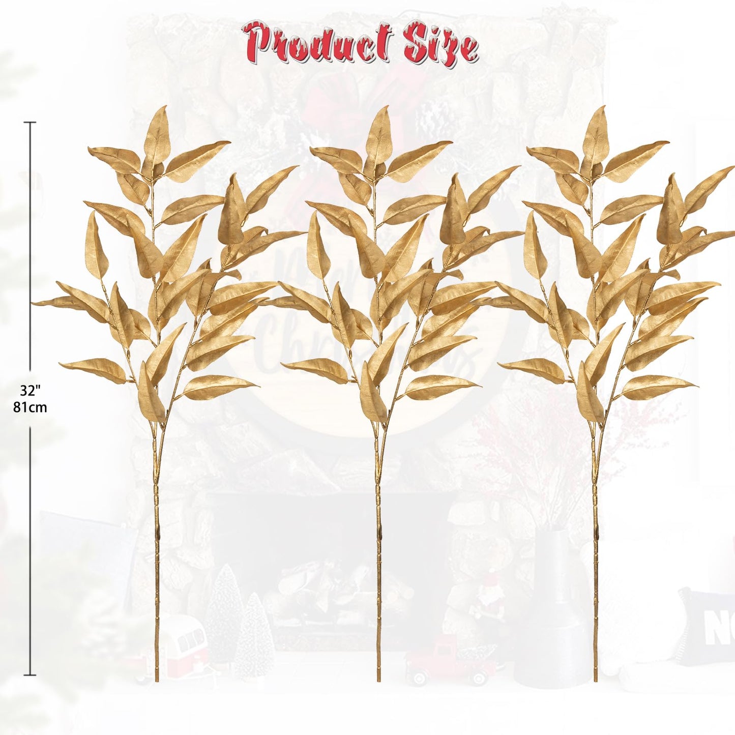 Hollyone 32” Christmas Tree Picks and Sprays 3Pcs Gold Artificial Eucalyptus Stems Eucalyptus Leaves Branches Fake Gold Leaf Floral for Vase DIY Xmas Tree Garland Wreath Centerpieces Wedding Decor